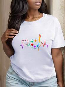 Ladies' Round Neck Printed T-Shirt, Heart Palette Brush Pulse Art Life Color Love Festival Party Outfits - Black - View 1