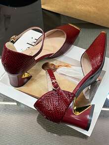 Square Toe Studded Mary Jane Shoes, Versatile Buckle Strap Black High Heels, Fashionable Sexy Slingback Red Patent Leather Chunky Heels For Women - Red - View 6