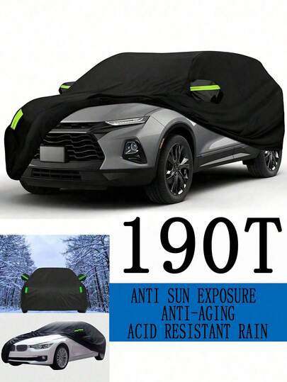 190T 汽车罩，SUV 汽车罩，防水户外车罩，适用于各种天气，防晒、防冰雪，为 SUV 和户外汽车提供防雪、防雨和防紫外线保护 - 高级全车外部罩，带反光条和防风带，可折叠，纯黑色