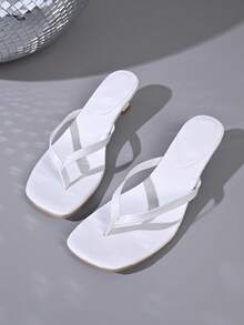 New Stylish Minimalist Square Toe Kitten Heel Sandals, Versatile Women High Heel Flip Flops - White - View 2