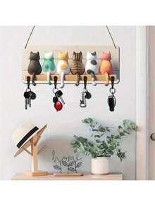 1个独特的猫咪剪影钥匙架，带4个挂钩 - 乡村风格木质墙饰，多功能玄关收纳架，可收纳钥匙等物品，是家居和农舍风格的理想之选 - 彩色 - 查看 2