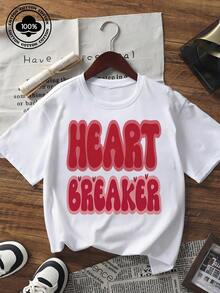 Valentinstag Grafik Muster T-Shirt Damen Lässig Rundhals Kurzarm Top Herzbrecher Buchstaben Muster Locker Sitzende T-Shirt für Feiertag Party Dating Alltägliches Tragen - Weiss - Übersicht 1