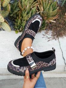 Classic Slip-On Leopard Print Buckle Strap Women Ankle Boots, Flat Short Booties - Light Grey - View 4