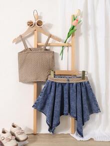 Bộ 2 món cho bé gái mùa hè: Áo không tay và chân váy denim bất đối xứng, trang phục thường ngày cho kỳ nghỉ. - Nhiều màu - Xem 2