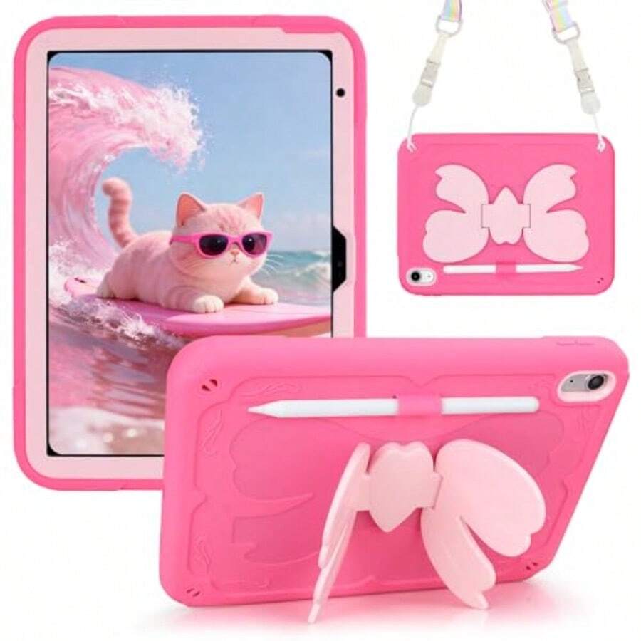 MX For IPad A16 11th Generation 2025 10th Generation Case 2022 For Girls With Pencil Holder Shoulder Strap Pink Heavy Duty Protective IPad 11 Inch 10.9 Inch Cover With Bowknot Stand - 熱粉紅色 - 查看 1