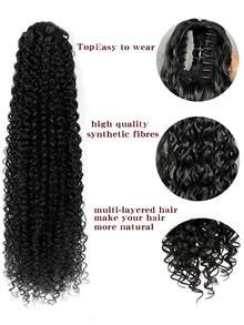 24 Inch Dark Brown Deep Wave Clip-In Ponytail Hair Extension - Heat Resistant Synthetic Fiber, Natural Curly Hair Styling Accessory, Suitable For Women's Daily Use, Daily Hairstyle Styling Accessory, Voluminous Curly Heat Resistant Fiber Wig - Natural Black - View 4