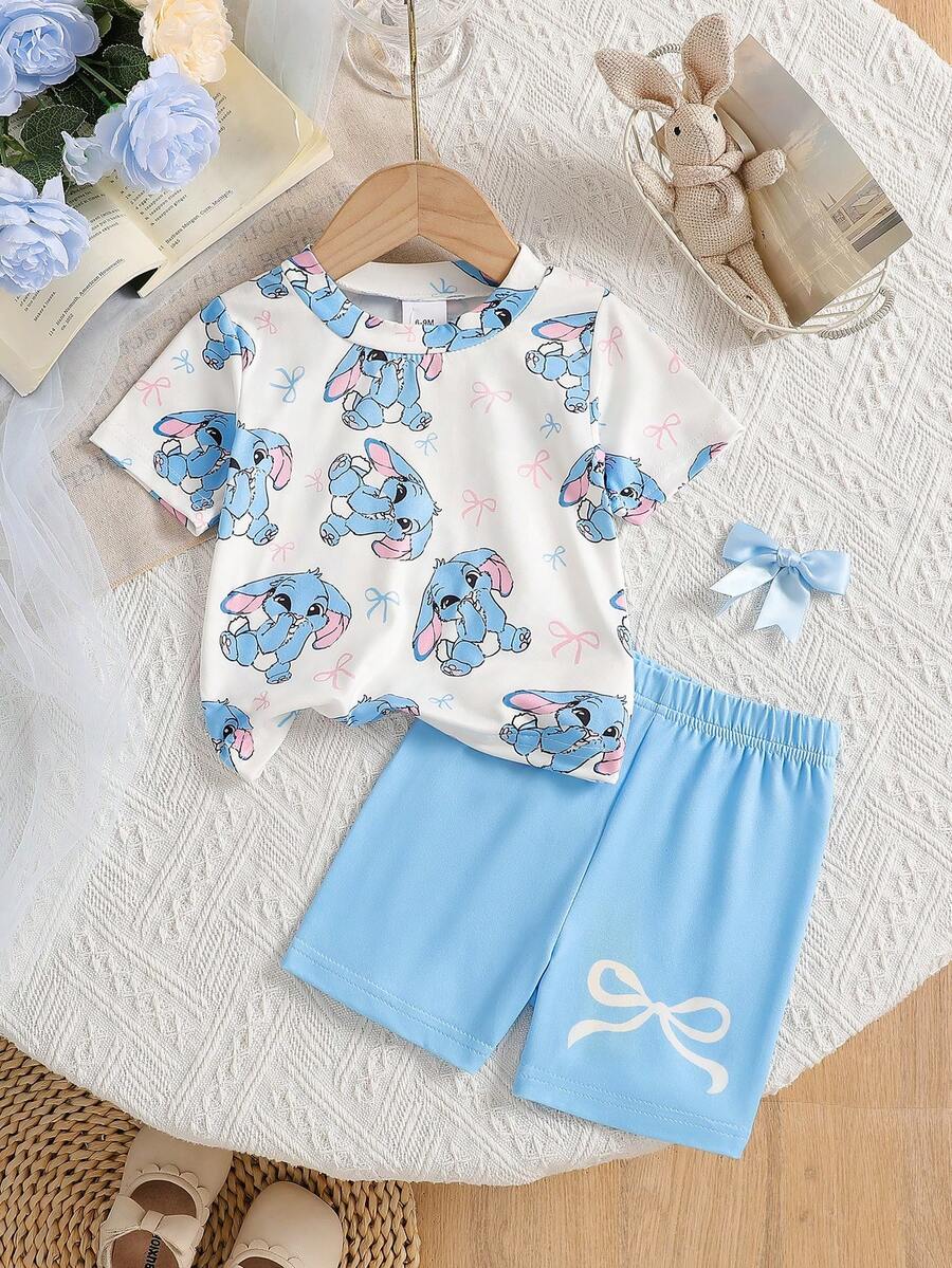 Baby Girls' Cute Casual Knit Bow & Rabbit Print T-Shirt And Blue Elastic Waist Bow Print Shorts Set, Summer - Blue - View 1