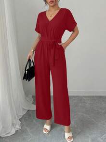 Women's Jumpsuit Casual Short Sleeve Wrap V Neck Belted Wide Leg Pants - 酒紅色 - 查看 5