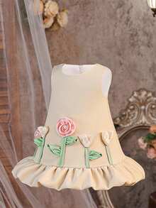 Baby Girl Champagne Floral Princess Dress, Suitable For Parties - Champagne - View 3