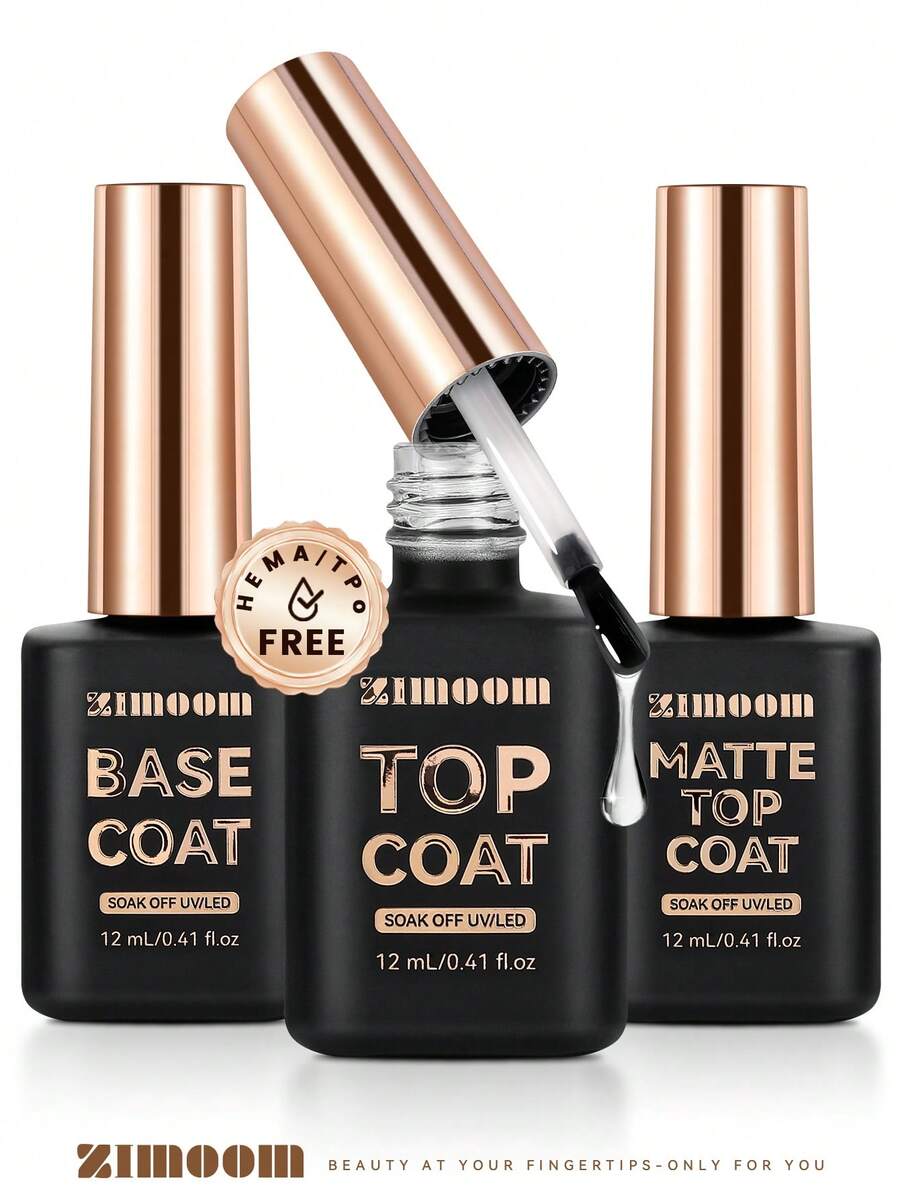 ZIMOOM 不含TPO和HEMA的12毫升亮油/底油，持久亮泽/丝绒哑光，透明凝胶指甲油，可卸除，UV/LED灯可擦，耐刮擦、耐磨损，适用于美甲沙龙和居家DIY美甲。 - 無色 - 查看 1