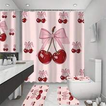 1/4pcs Pink Bow & Cherry Pattern Bathroom Curtain Set, Modern Style Home Decor Printed, Washable, Fashionable Theme, Suitable For All Seasons, Easy Installation - Includes 12 Hooks For Bathroom, Guest Room, Bedroom, Living Room - Multicolor - View 10