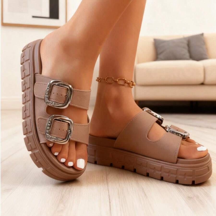New Solid Color EVA Thick Sole Elevated One-Piece Stable Indoor Home Soft Comfortable Sandals For Women, Adjustable Double Strap Suitable For Students, Outdoor Travel, Beach, Shopping, Hiking, Shock-Absorbing Slippers,Must-Have Outfits For Valentine's Day - 卡其色 - 查看 1