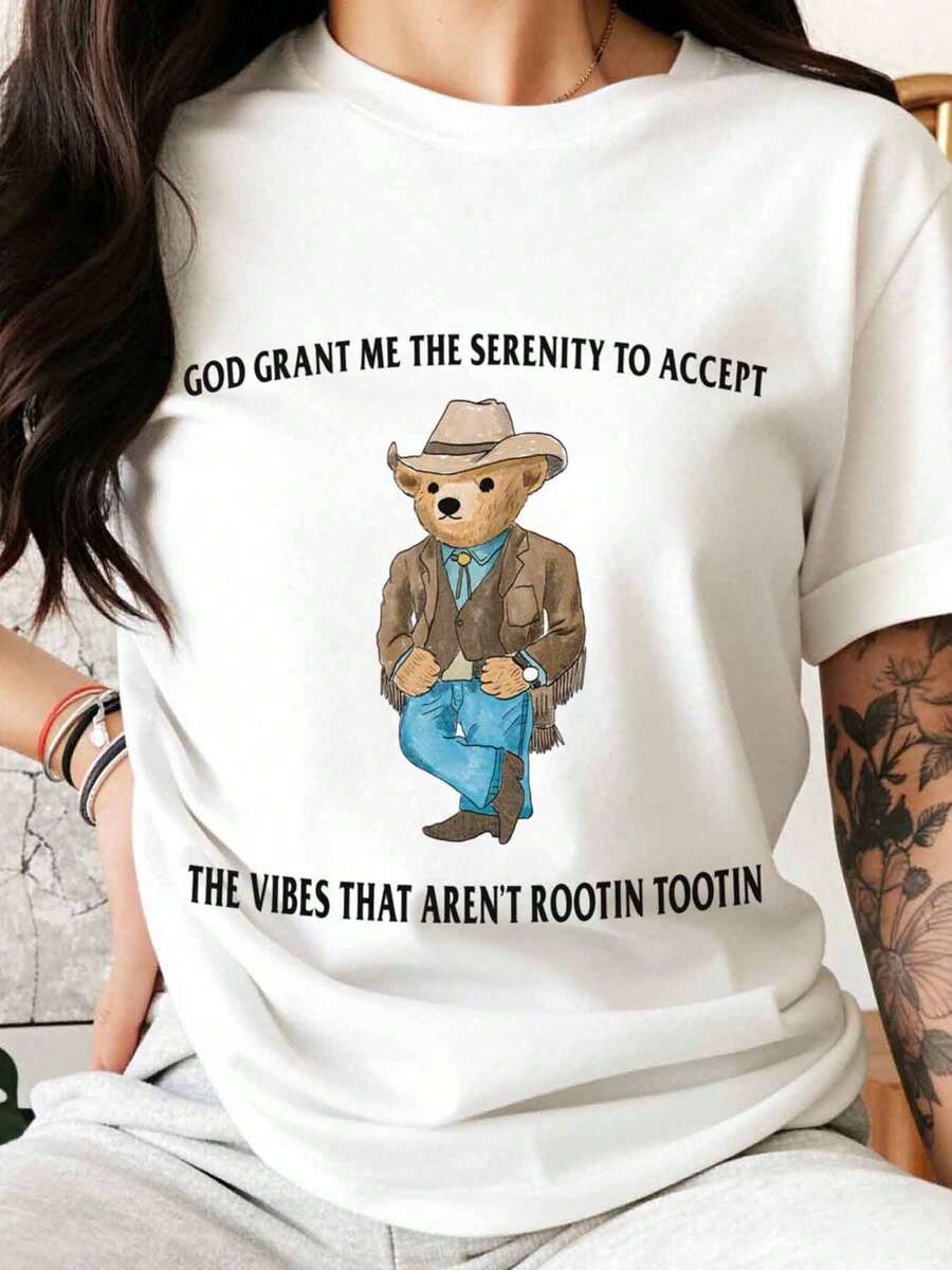 God Grant Me The Serenity To Accept The Vibes That Aren't Rootin Tootin Cowboy Bear Graphic T-Shirt For Women Men Unisex Casual Wear Western Style Humor Shirt Gift Idea For Cowgirl Cowpoke Fans - trắng - Xem 1