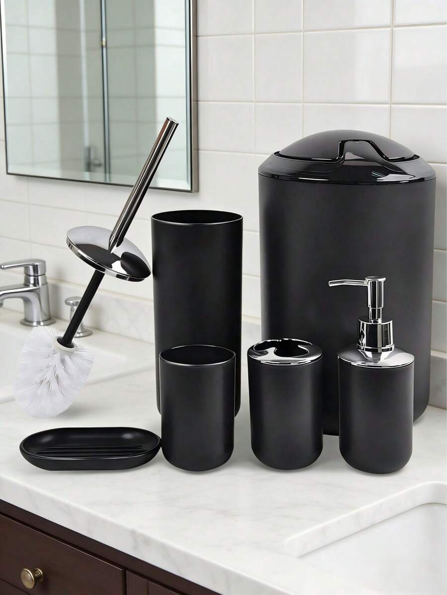 4/6件套浴室收纳套装 - 浴室梳妆台整理架及装饰（适用于酒店和家庭），包含垃圾桶、牙刷架、乳液瓶、皂碟、马桶刷和漱口杯 | 节省空间的台面收纳套装，打造整洁时尚的浴室，适用于酒店浴室、住宅和客房 - 彩色 - 查看 1