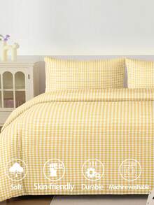 2/3件套黄色格子床品套装，柔软透气，抗皱，提升睡眠质量，奢华酒店风格，馈赠父母及朋友，双面绗缝被套*1，枕套*1/2，可选尺寸：特大号、大号、标准大号、单人床 - 黃色 - 查看 2