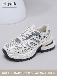 Flipark 1双女士休闲透气厚底运动鞋，系带米色网眼轻便低帮日常运动鞋 - 米色 - 查看 5