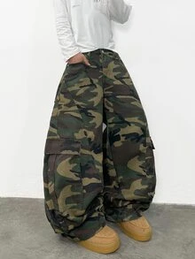 1 buah Celana Jeans Patchwork Longgar Multi-Saku Motif Kamuflase Gaya Jepang, Celana Kaki Lebar Kasual untuk Aktivitas Luar Ruangan, Sepanjang Musim - Hijau Tentara - View 8