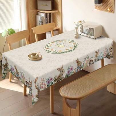 Față de masă de Paște 1 buc - Design vintage cu iepure și ou de Paște, asociat cu model floral moale, țesătură din poliester durabilă, artizanat țesut, design dreptunghiular pentru utilizare în interior/exterior, decor rustic, decorare pentru petreceri de Paște și primăvară, decor de Paște