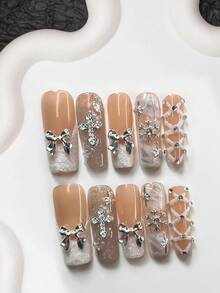 10件套秋冬美甲装饰套装，亚克力美甲贴纸，包含银色雪花、蝴蝶结、十字架、星空图案、手绘白色树形图案及闪亮爱心，优雅精致风格，银色猫眼星空美甲装饰，美甲用品 - 彩色 - 查看 10