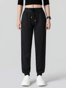 女士纯色休闲裤，带口袋，百搭款式，适合日常穿着、徒步、旅行、远足、跑步、骑行、慢跑等活动，黑色春季款 - 黑色 - 查看 5