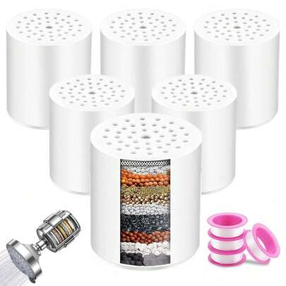 6 Pack Universal Cartucho de Filtro de Ducha de 15 Etapas, Cartuchos de Reemplazo Del Purificador de Agua con Cintas Teflón, para Elimina Cloro, Reduce el Agua Dura, Mejora La Piel y Cabello
