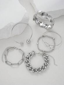 1-6pcs Fashionable Minimalist Elegant Exaggerated Vintage Coin Chain Heart Beaded Bracelet Set, Suitable For Dates, Parties, Balls, Festivals, Valentine's Day, Birthdays, Daily Wear - Silver - View 4