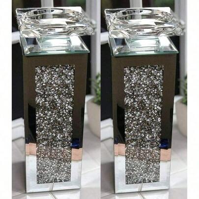 Set Of 2 Crushed Diamond Crystal Candle Holders – Clear Silver Mirror Glass Tealight & Taper Holder, Tall Pillar Design, Home Decor & Wedding Centerpiece, 25 Cm