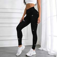女士经典亮片黑色底印花高腰紧身裤，健身瑜伽紧身裤 - 黑色 - 查看 12