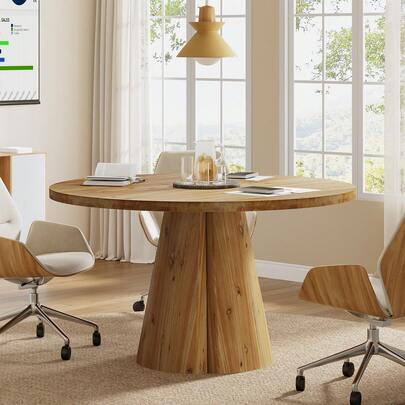 LITTLE TREE Conference Table 47.24 Inch Round, Solid Wood Rustic Meeting Table With Pedestal Base For 4-6 People, Small Office Desk For Break Room, Easy Assembly