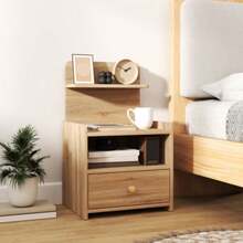 Side Table, Bedside Table With Storage Space, Particle Board, Stable, Modern Style, Natural Wood - Khaki - View 2