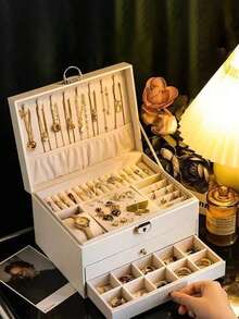 1pc Large Capacity Jewelry Storage Box, Made Of PU Leather, Drawer Style With Lock Design, Multiple Styles Available, Suitable For Necklaces, Earrings, Bracelets, Rings, Watches And Other Jewelry Accessories. Ideal Gift For Holidays. Women's Organizer Box, Essential For Travel And Dorm Room Storage. - Multicolor - View 4