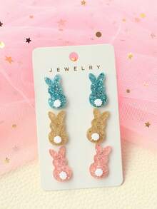 3 Pairs Easter Acrylic Bling Bling Rabbit Ear Studs, Cute Rabbit Tail Earrings Set, Holiday Gift For Women - Multicolor - View 3