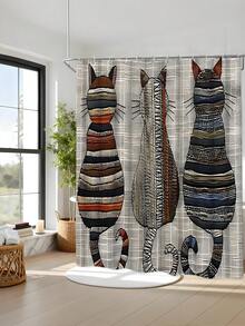 1/4pcs Vintage Cat Print Shower Curtain Set, Includes Bath Mat, U-Shaped Rug, Toilet Lid Cover, High Quality Shower Curtain With 12 Durable Hooks, Premium Bathroom Decor & Accessories, Suitable For All Scenarios - Multicolor - View 11