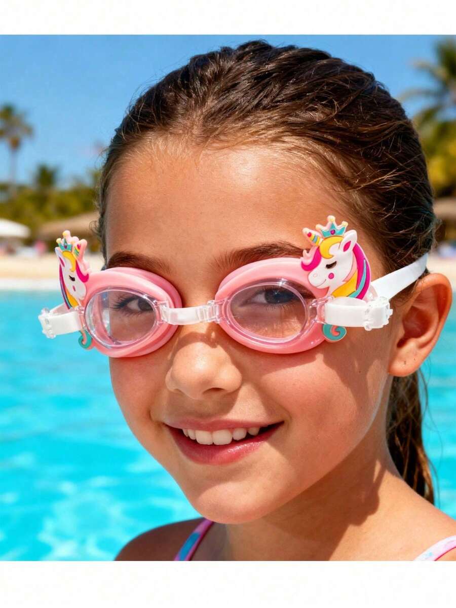 1pc Cartoon Unicorn Children Swimming Goggles, Suitable For Kids, Upgraded Design With Wide Vision, Anti-Fog Anti-Leak Swimming Pool Goggles, Birthday Gift, Holiday Gift - Pink - View 1