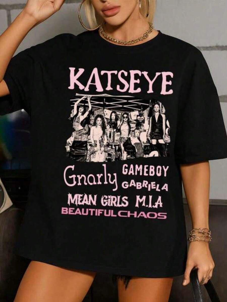 Katseye Shirt, The Beautiful Chaos Tour 2025 Shirt, Katseye Girl Group T-Shirt Vintage Katseye The Beautiful Chaos Tour Shirt, Katseye Kpop Graphics Tee, Katseye Gnarly Parent-Child Outfits - 黑色6 - 查看 1