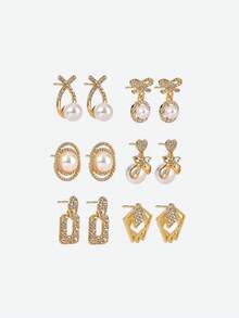Opalesca 6 Pairs/Set Chic Luxury Faux Pearl Bowknot Rhinestone Cross Geometric Square Earrings, Vintage Fashion Earring Set Suitable For Women Daily & Festival Wear - Multicolor - View 3