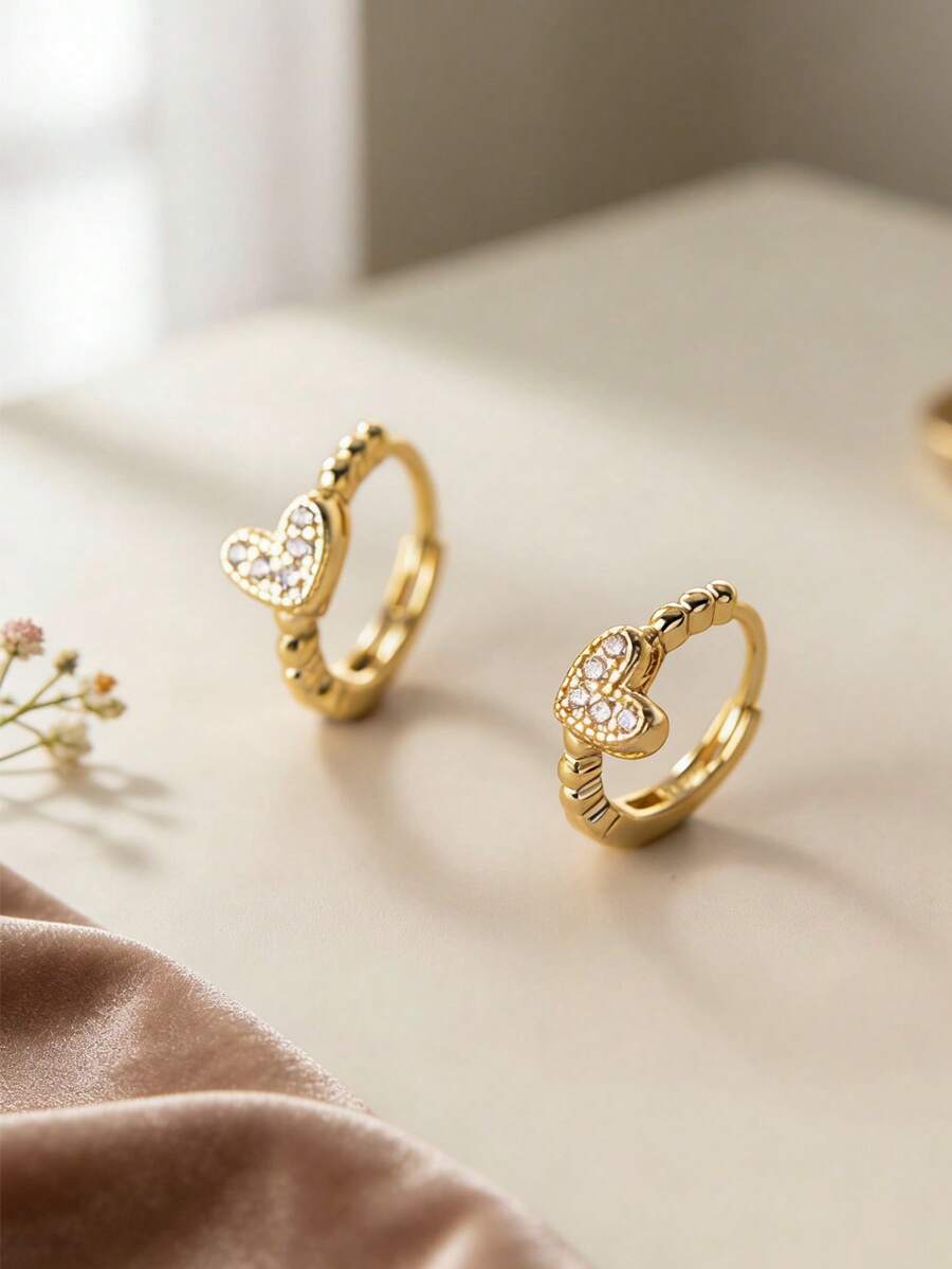 1 Pair Women'S Elegant Heart Shape Rhinestone Earrings - Sparkling Crystal Accents, Lightweight Comfort Fit, Perfect Valentine'S Day Gift & Thoughtful Present For Moms On Mother'S Day - 金色 - 查看 1