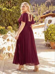 EVERPRETTY Elegant Chiffon Lantern Sleeve Burgundy Bridesmaid Dress, Wedding Guest Dress Spring - Burgundy - View 3