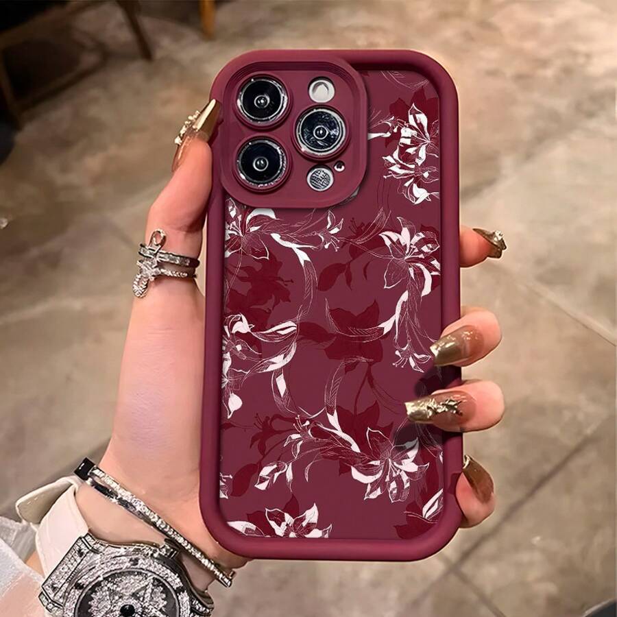 Suitable For IPhone 16/16 Pro/16 Pro Max/16 Plus/15/15 Plus/15 Pro/15 Pro Max, 14/14 Plus/14 Pro/14 Pro Max, 13/13 Pro/13 Pro Max, 12/12 Pro/12 Pro Max, 11/11 Pro/11 Pro Max, 7/8 Plus, Xr/Xs/Xs Max High-End Creative Fashion Floral Pattern Phone Case For Apple Valentines Day - 酒紅色 - 查看 1