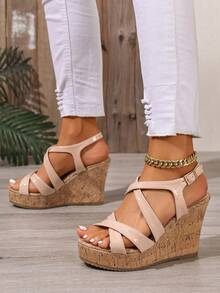 Giày sandal đế xuồng nữ quai chéo, thoải mái, hở mũi, đế cao, kiểu dáng thường ngày, thanh lịch, chất liệu cork, thích hợp cho ngày Valentine, mua sắm, nghỉ mát, mùa hè, đi làm. - Màu Khaki - Xem 5