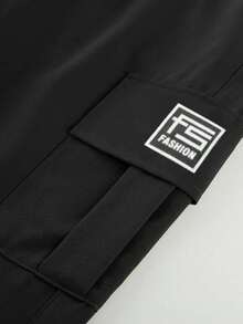 Men's Fashion Cargo Pants, Straight Leg, Elastic Waist, Loose Fit, Solid Color, Single Side Embroidered Logo, Long Pants, Fall