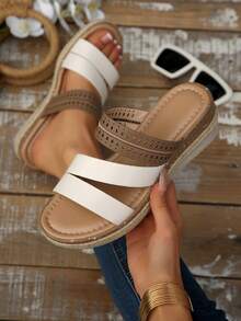Women's European & American Style Woven Straw Rope Thick Sole Hollow Wedge Sandals, Casual Vacation Wear Summer Sandals - White - View 1