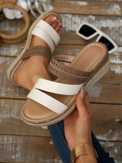 Women's European & American Style Woven Straw Rope Thick Sole Hollow Wedge Sandals, Casual Vacation Wear Summer Sandals
