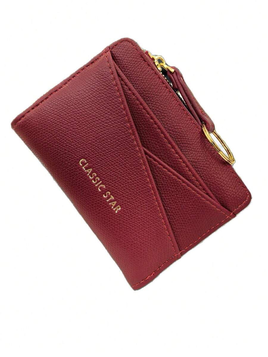 New Women Wallet & Key Chain Asymmetrical Design Ultra-Thin Compact Bifold Zipper Coin Purse For Women Money Wallet Mini Wallet Purse Wallet Small Wallet Cute Wallet Travel Essential Badge Holder Id Card Holder Id Holder - Burgundy - View 1