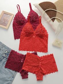 2 Sets Of 4pcs European & American Style Lace Deep V-Neck Camisole Set, Detachable Lining, Wireless - Multicolor - View 1