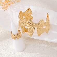 2件套时尚创意几何金属光滑蝴蝶结可调节手镯 + 1枚优雅戒指首饰套装，适合女性日常佩戴，情人节礼物 - 金黃色 - 查看 5