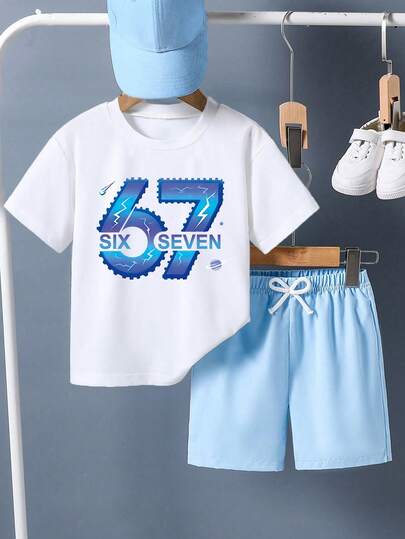Tween Boy Numeric Print Round Neck Short Sleeve T-Shirt And Shorts Set