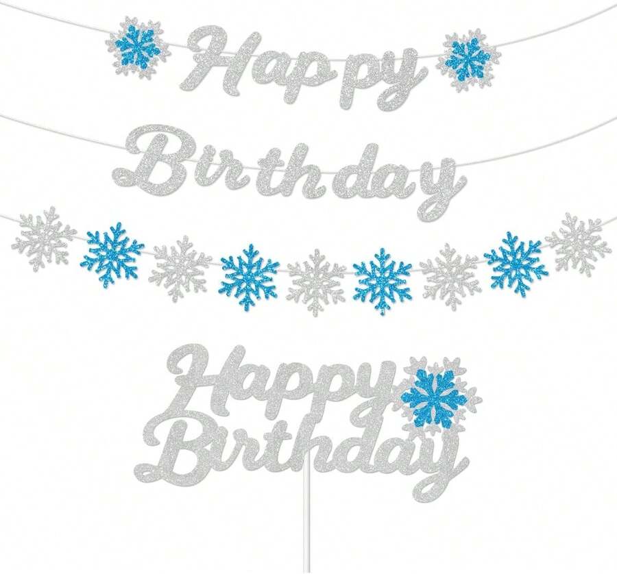 Happy Birthday Snowflake Banner Pre-Strung Blue Snow Flake Winter Holiday Drations Paty Glitter Letter Sie Color Winter Birthday Garland Wonderland Frozen Themed Christmas Holiday Party No DIY - 杏色 - 查看 1
