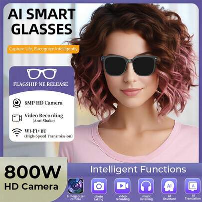 PEJE Smart Glasses For Men & Women, Integrated With Glasses + Earphones + Camera + Translator, 8MP Camera, AI Smart Glasses, Wireless Connection, Real-Time Translation, Audio Call, AI Object Recognition, Photo/Video Recording, Voice Assistant, WiFi Transfer, Holiday/Thanksgiving/Birthday Gift