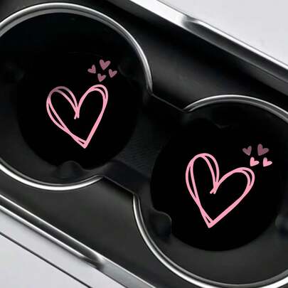 Two Pink Heart-Shaped Printed Car Coasters, Water-Absorbent, Splash-Proof And Easy To Disassemble And Clean, Suitable For Use In Offices, Homes And Cars. Ideal Gifts For Valentine's Day And Birthdays, Enhancing The Beauty Of Car Decoration, Compact And Portable